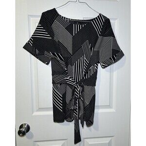 Worthington’s Women’s Short Sleeve Tie Waist Blouse Black/White Size Large NWOT